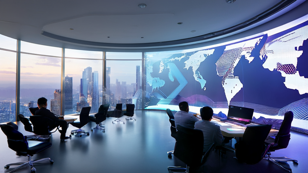 未来感办公室中分析师们使用AI客户预测模型优化跨境电商获客策略