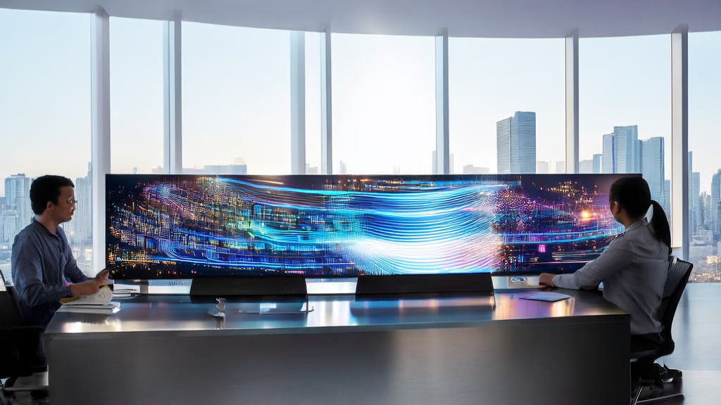 阳光明媚的现代化办公室中，跨境电商团队利用AI客户预测模型优化邮件营销策略，展示精准触达决策人的过程。