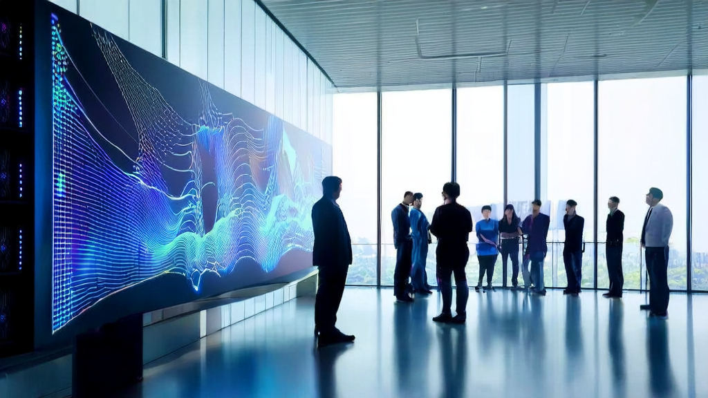 分析师们在现代化办公室中使用AI客户预测模型分析数据,以优化营销效率