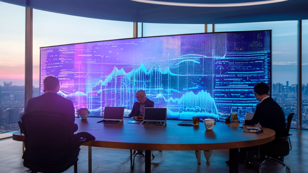 现代化办公室内的团队正在讨论AI客户预测模型,以优化营销效率并降低无效投入。