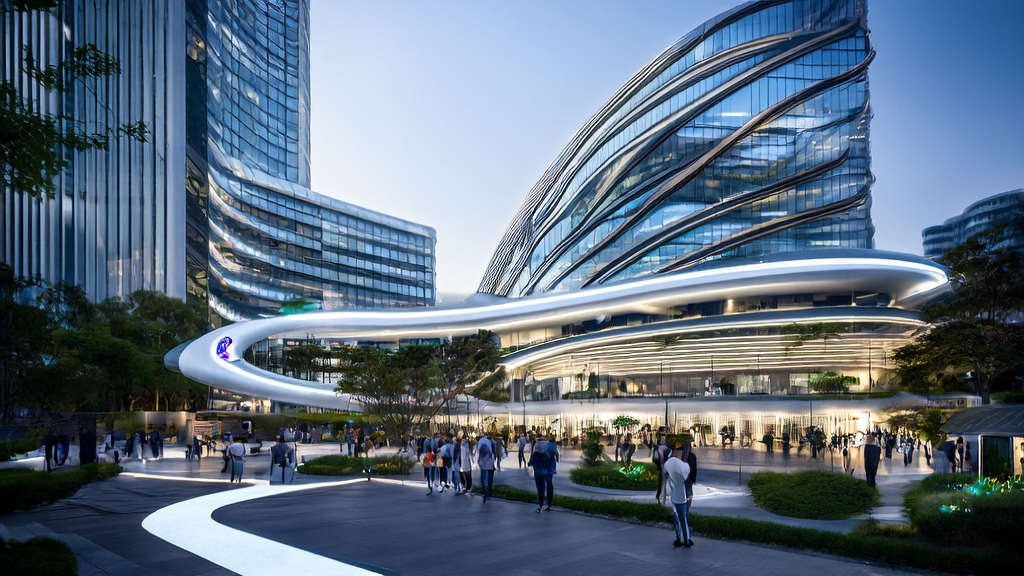 A futuristic city scene showcasing the application of AI customer prediction models for personalized email marketing and health data integration