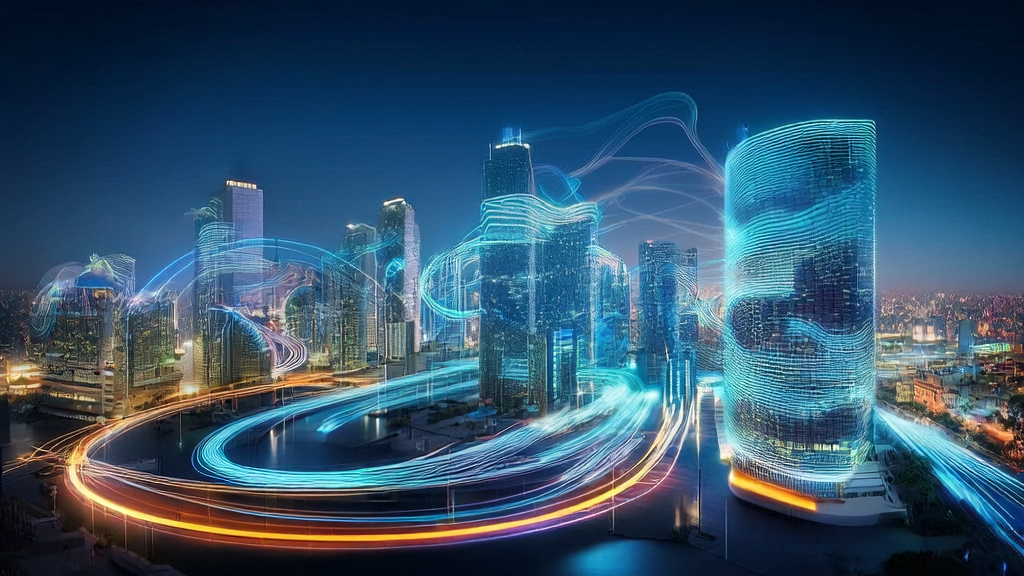 A high-tech company in a futuristic city uses an AI customer prediction model for personalized email marketing to achieve precise customer reach.