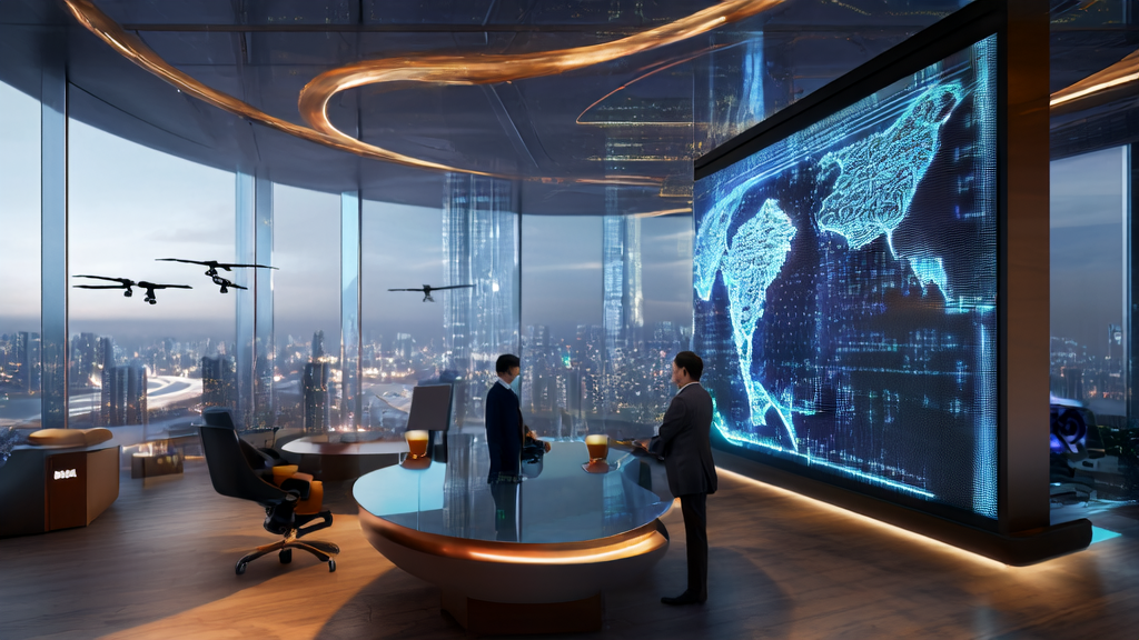 在现代化办公室中，一位商务人士使用AI客户预测模型进行超个性化邮件营销策略分析。