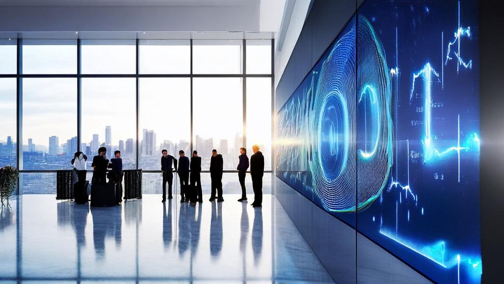 数据科学家们在现代化办公室中研究AI客户预测模型，窗外是繁华的城市景象。