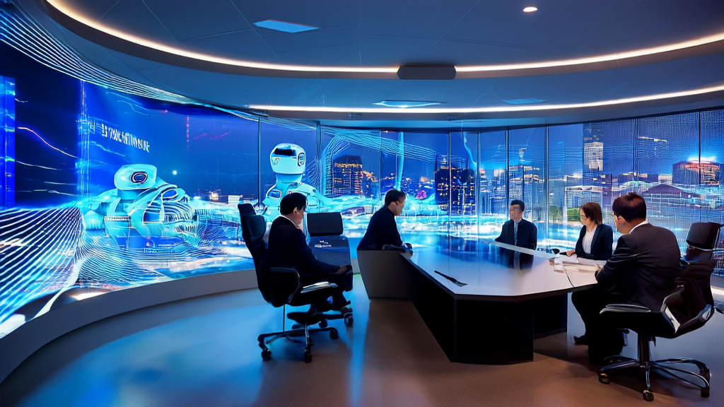 In a modern office, professionals are discussing the application of AI customer prediction models, with success cases of the "Qingtianzu" platform displayed in the background.