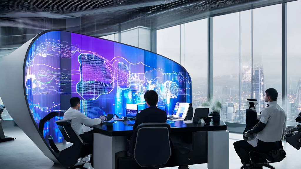 In a futuristic office, analysts use AI customer prediction models for precise customer selection, with a bustling city night view in the background.