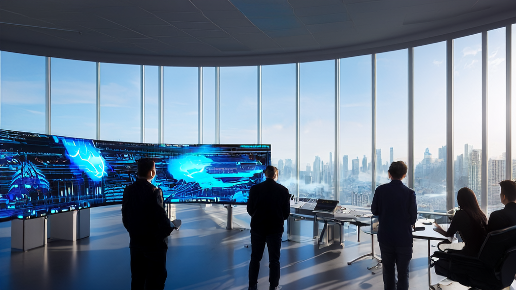 数据科学家在现代化办公室中分析AI客户预测模型，窗外是繁华的城市景象