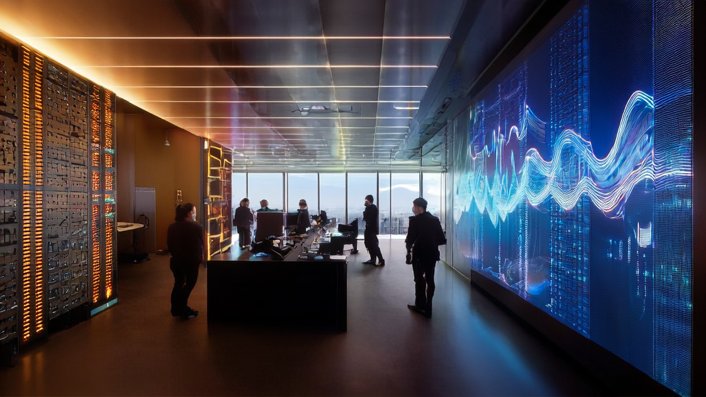 Modern office with technicians using AI customer prediction models for precision acquisition analysis