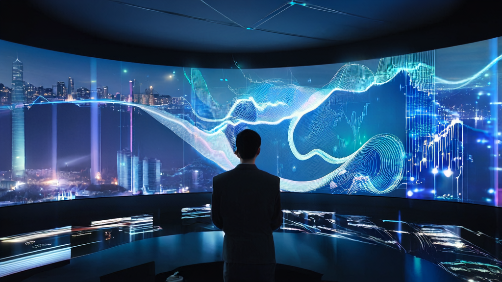 A data scientist analyzing the results of an AI customer prediction model against a backdrop of a city night scene