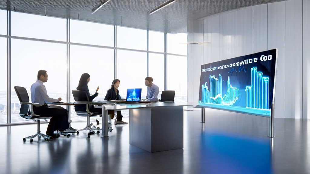 现代化办公室中，分析师们使用AI客户预测模型进行精准营销策略讨论