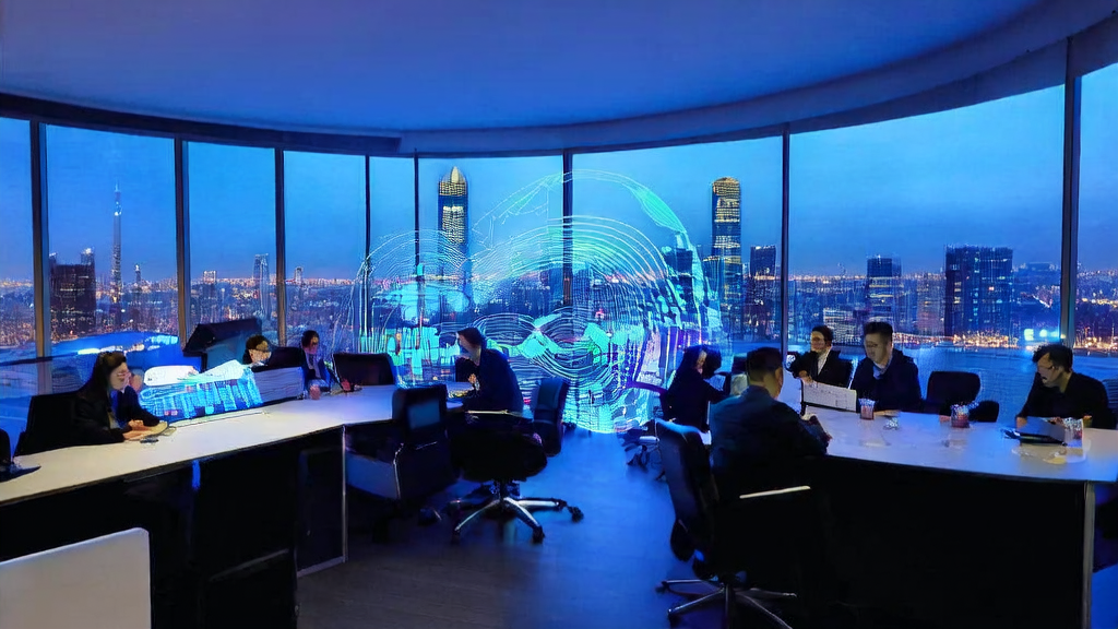 Corporate employees analyzing data with AI customer prediction model, with a view of Beijing CBD at night
