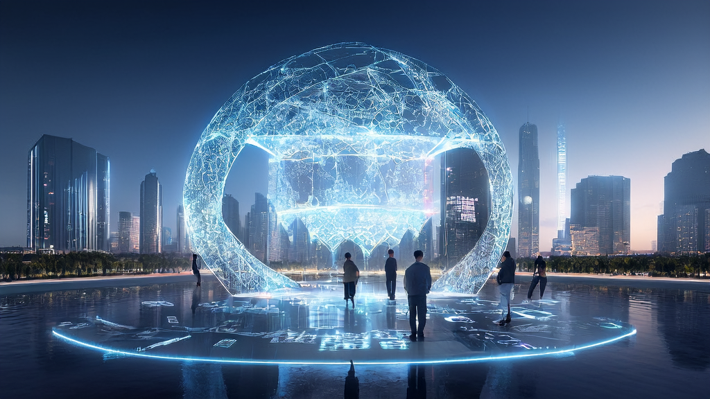 未来城市的中心展示着复杂的AI客户预测模型系统，帮助广告主精准触达目标人群并降低CPA。