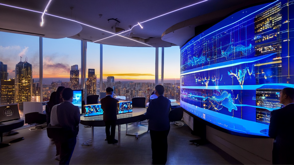 数据科学家们在现代化办公室中围绕AI客户预测模型进行讨论，展示LiblibAI融资成功的场景。