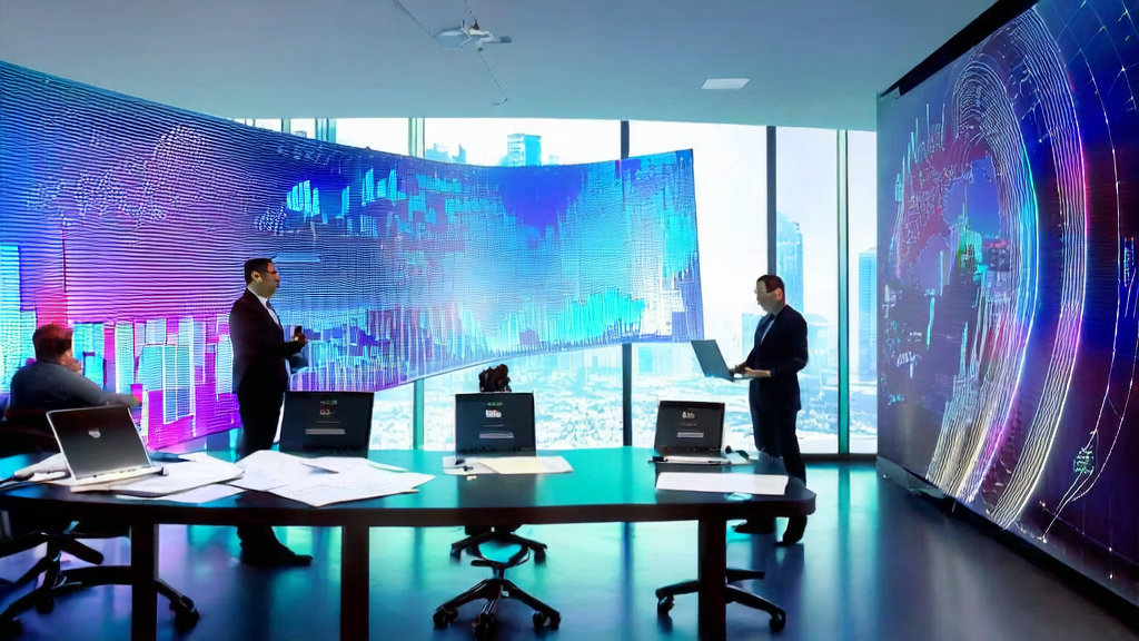数据科学家在办公室中使用AI客户预测模型进行数据分析,屏幕上显示复杂的数据流和图表,窗外是繁华的城市景象。
