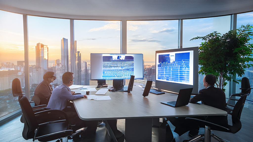 A modern office where professionals discuss the application of AI customer prediction models, with a bustling cityscape outside the window.