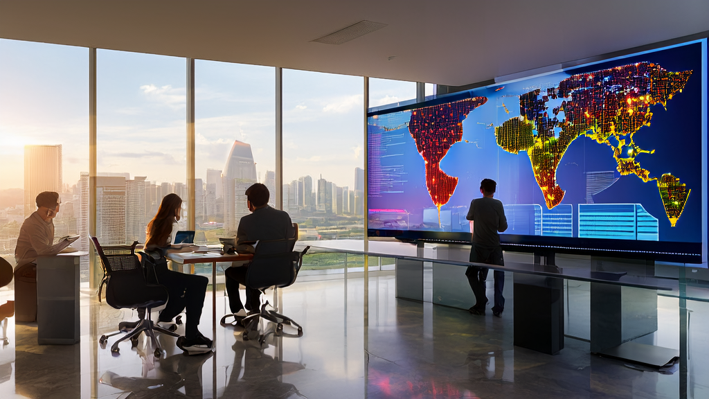 现代化办公室内的团队正在讨论AI客户预测模型的应用，背景为城市景观和全球地图，象征着外贸行业的全球化和精准获客。