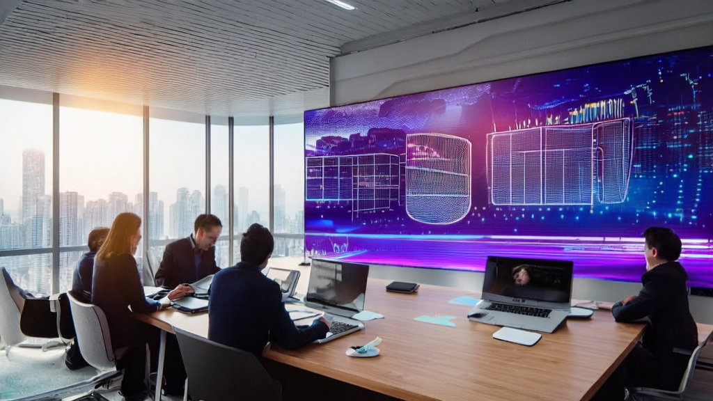 Data scientists discussing AI customer prediction models in a modern office, with sunlight streaming through large windows and a Time 2025 cover featuring eight AI leaders on the wall.