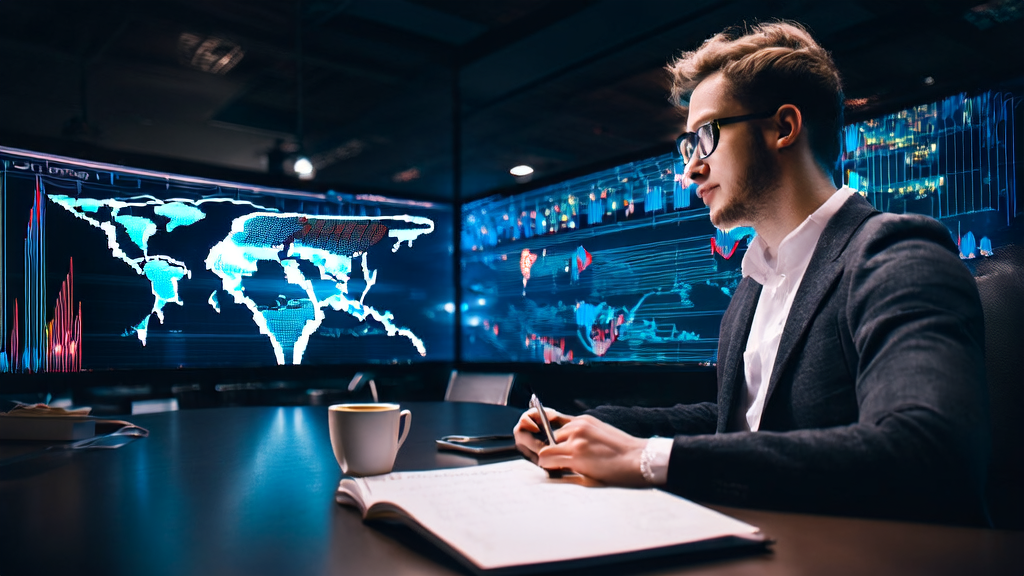 一位跨境电商企业家在现代化办公室中利用AI客户预测模型进行数据分析，背景为城市夜景。