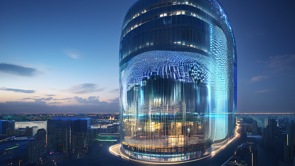 未来城市中的高科技大厦内，数据科学家们利用AI客户预测模型进行精准获客分析。