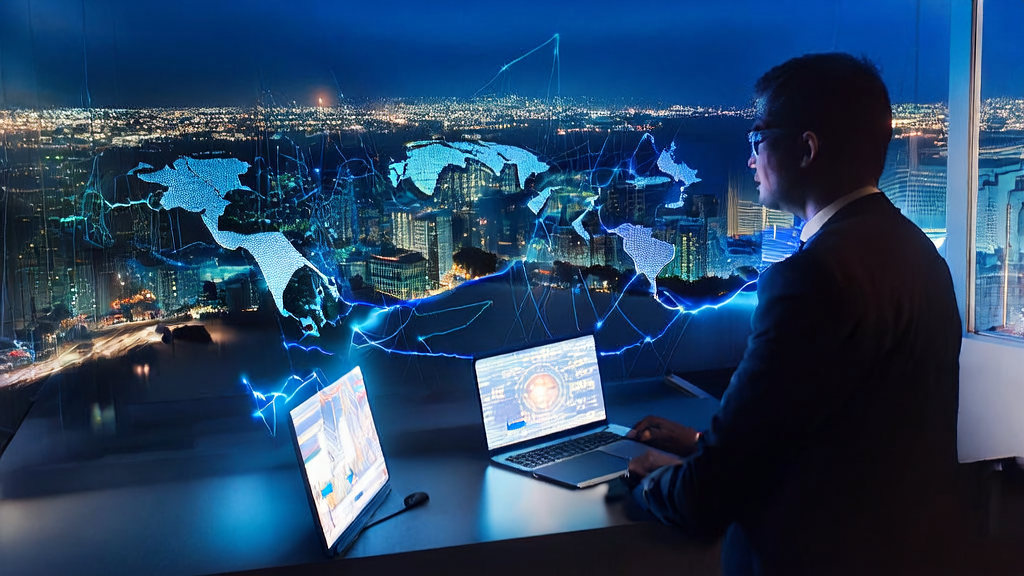 An executive of a foreign trade company analyzing data using an AI customer prediction model, with a city night view and world map in the background