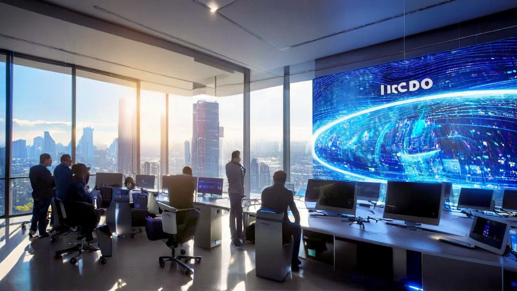 An AI customer prediction model is transforming the customer acquisition strategies of foreign trade companies, showing a modern office environment where employees use advanced technology for data analysis.