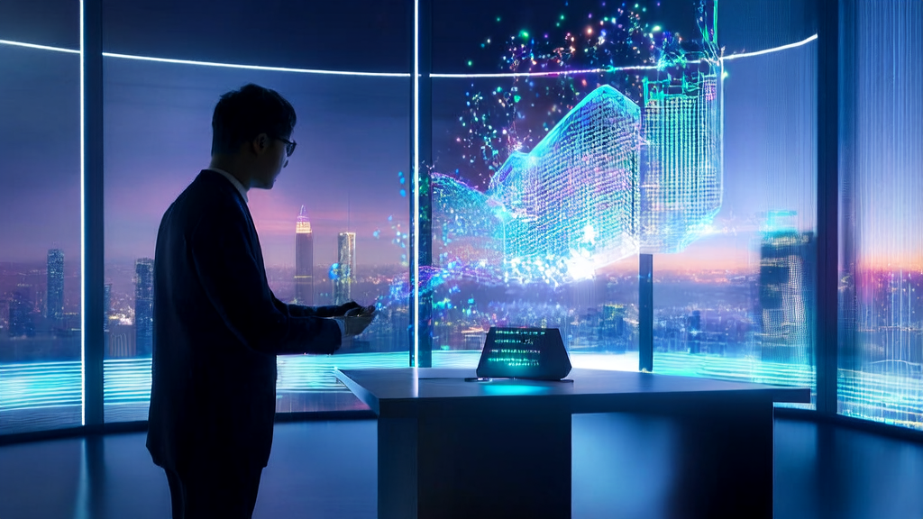 In a futuristic office, an analyst uses an AI customer prediction model to accurately screen high-potential customers, reducing wasted efforts and enhancing marketing efficiency.