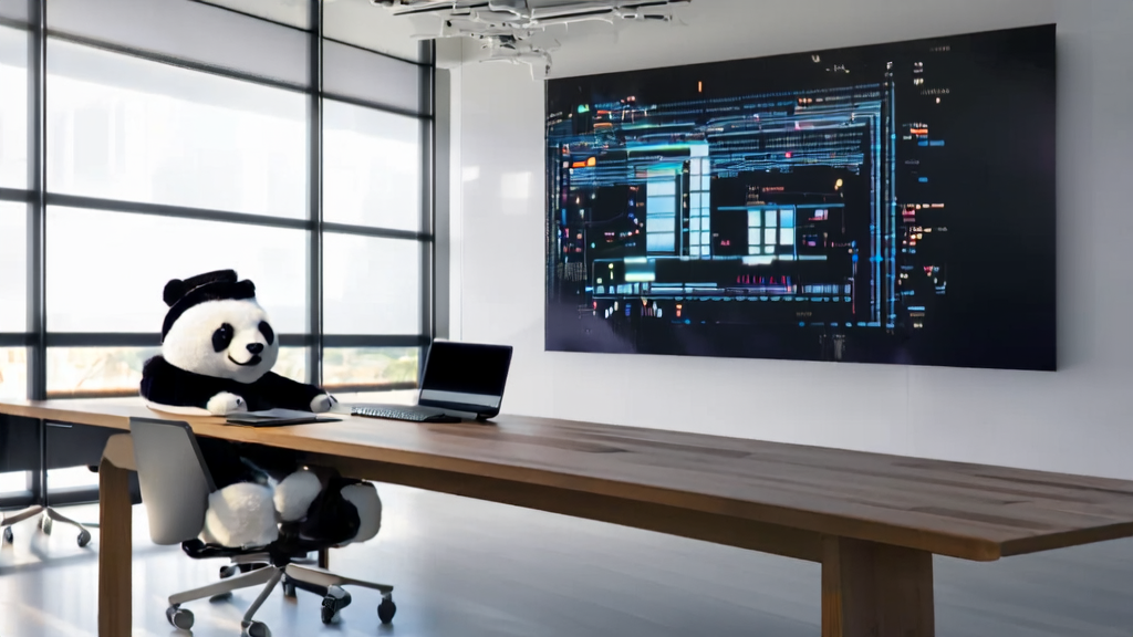 Modern office with employees discussing AI customer prediction model, featuring a wool felt panda on the wall