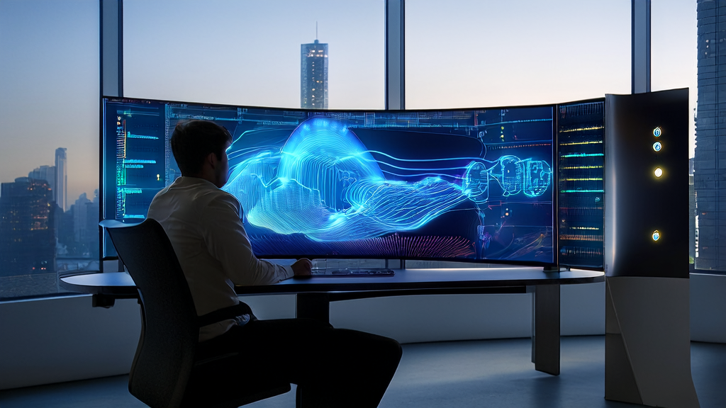 An analyst studying AI customer prediction model in a modern office, emphasizing data security measures