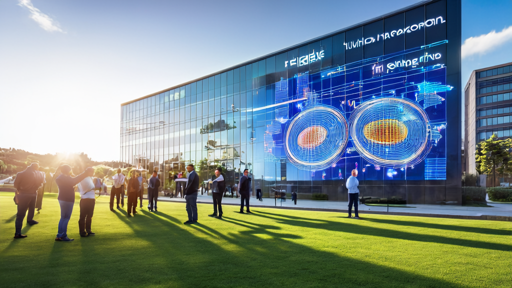 AI Customer Prediction Model: Data scientists discuss how to accurately select high-quality customers in front of a modern office building, reducing ineffective investments and exploring the impact of AI on social equality.