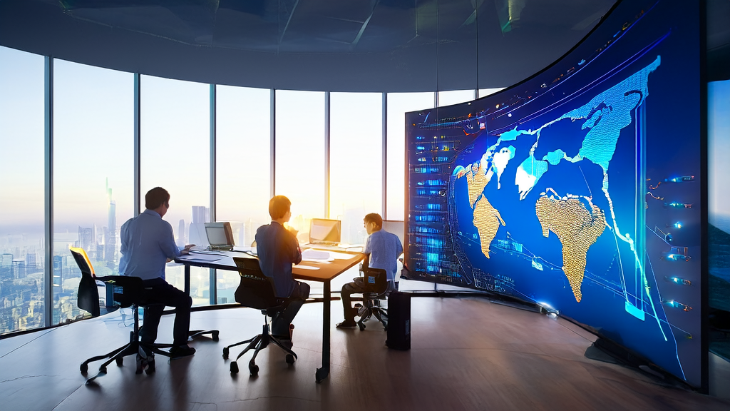 Analysts discussing data and market trends in a modern office, showcasing how AI customer prediction models are transforming trade acquisition strategies.