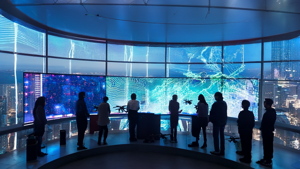 AI客户预测模型正在改变跨境电商的未来，展示未来办公室内的高科技设备和实时数据分析。