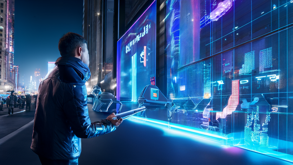 In a futuristic city street, a young entrepreneur uses AI systems for customer screening and personalized email generation, with an AI chess tournament billboard in the background.