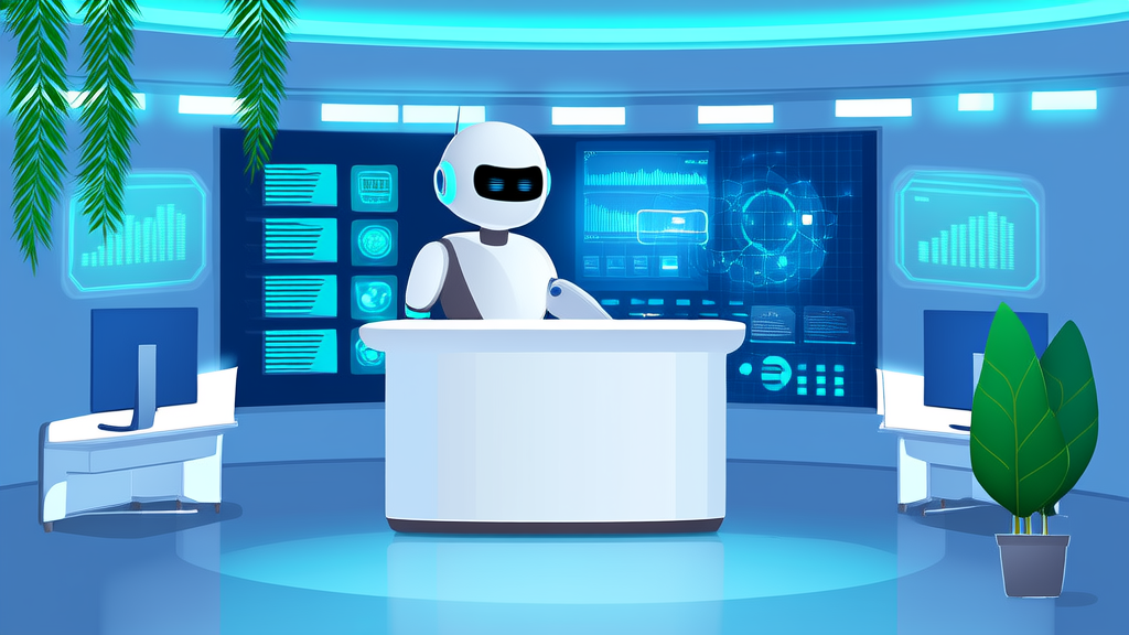 An AI customer service robot interacts with a customer in a modern call center, with a backdrop displaying data streams and real-time processing information.