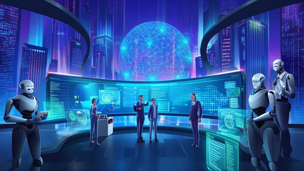 A futuristic city's AI-powered customer service center showcasing technology and data analysis applications