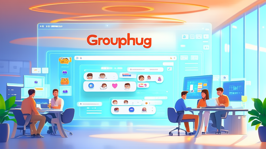Engineers in a sunny office showcasing the innovative features of Grouphug, reshaping social platform conversations with humor.
