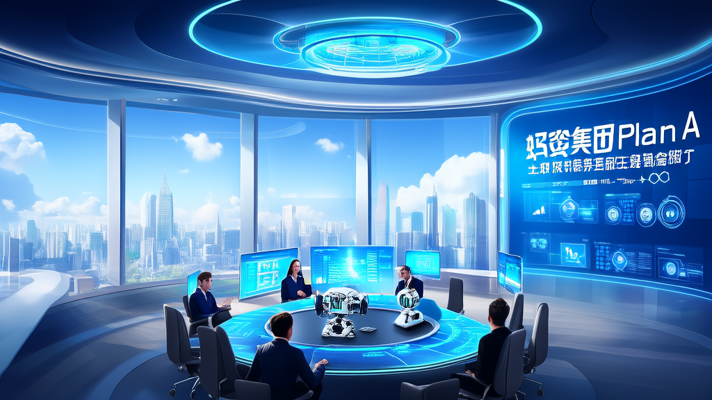 Engineers in a futuristic office discussing the "Plan A" project by Ant Group, focusing on innovations in AI customer service robots