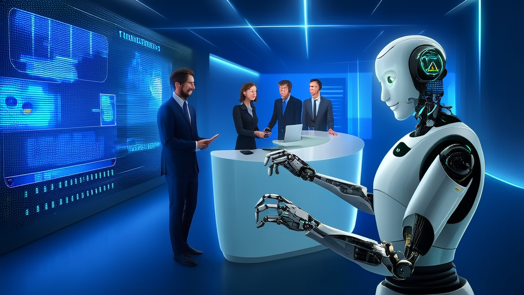 Future customer service center with AI robots collaborating with human staff to handle inquiries, with real-time Twitter data stream in the background