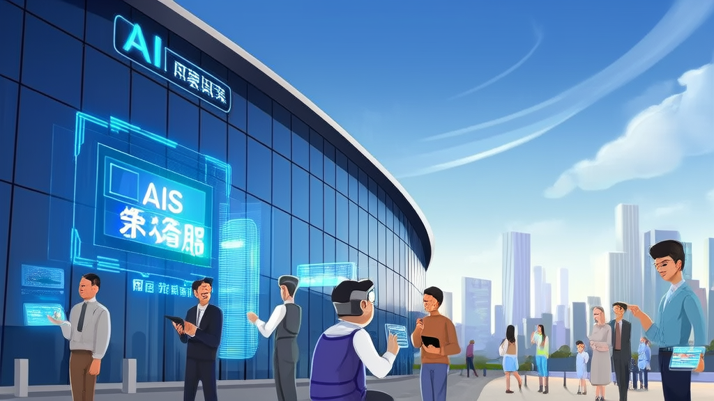Scene of AI customer service in a futuristic city, with individuals on the autism spectrum interacting with virtual assistants using smart devices