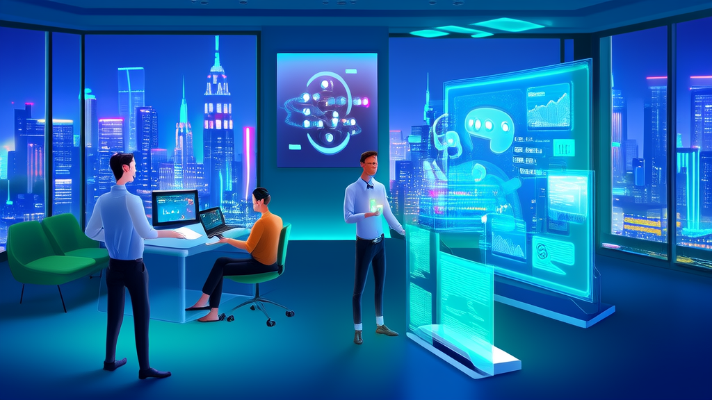 In a futuristic office, engineers communicate barrier-free with an autistic individual via an AI customer service system