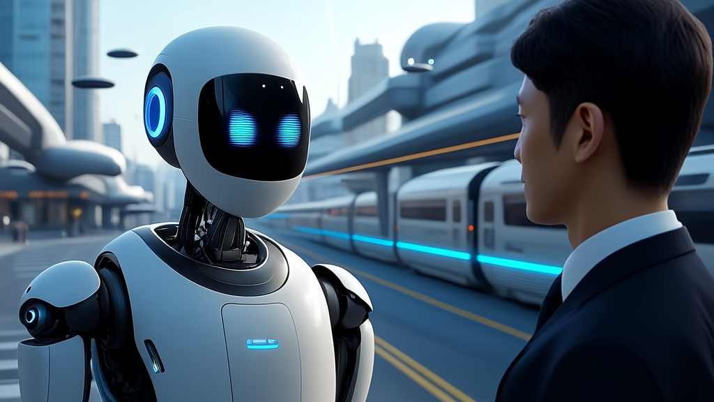 An AI customer service robot interacting with a client in a futuristic city, showcasing the application of AI in customer service