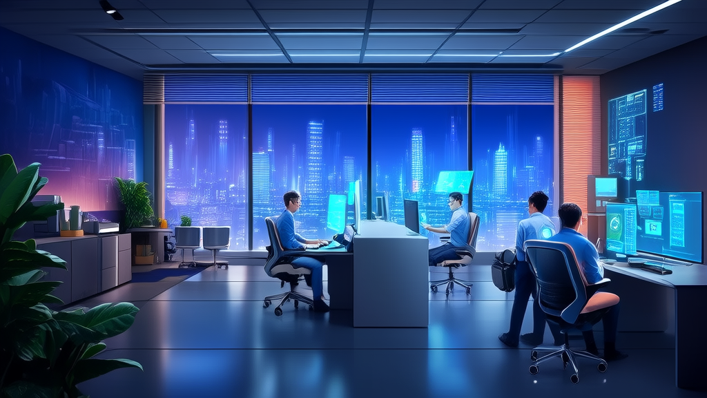 In a modern office, employees are handling customer inquiries using AI customer service systems, with a bustling city night view in the background.