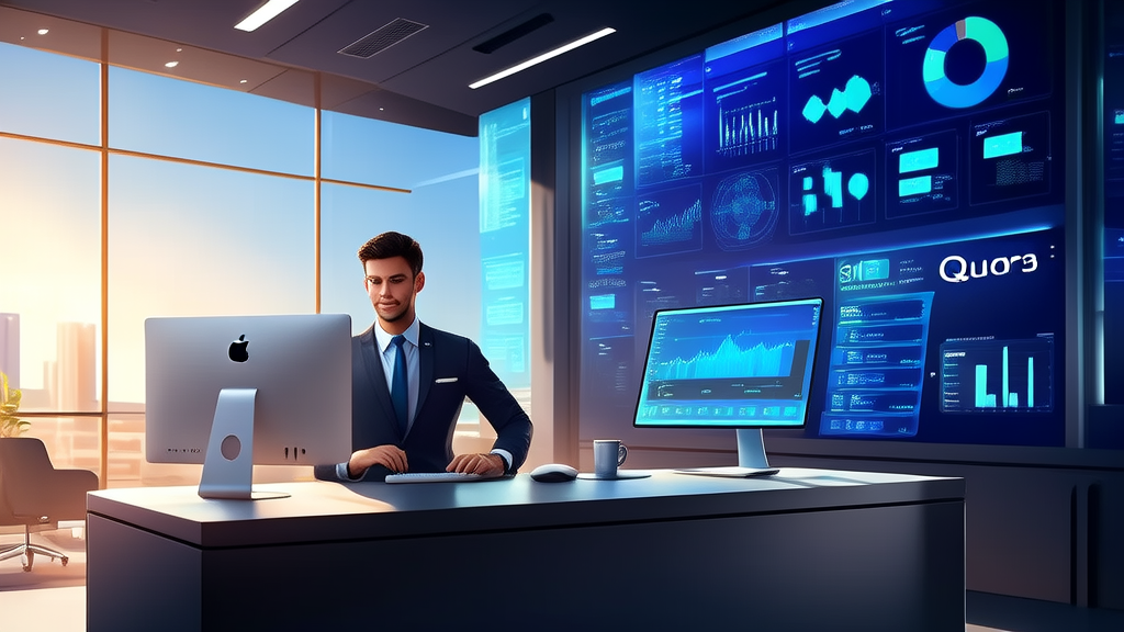 In a futuristic office, a staff member interacts with customers via an AI customer service system, with a background wall displaying real-time Quora data and a Mac showing the Qwen3 setup interface.