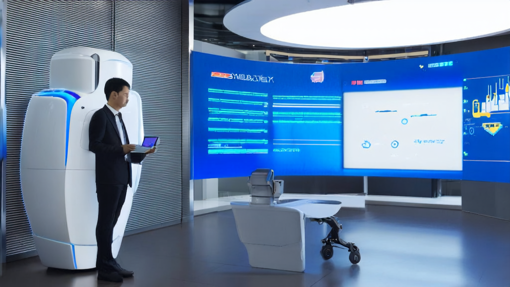 An AI customer service robot interacts with a client, with the ChatGPT Android app interface and its new voice captioning feature displayed on the background wall. A customer service representative monitors the process via a tablet, while a large screen shows Quora customer data analysis.