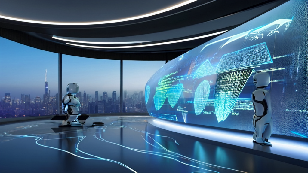 Futuristic AI customer service center showcasing real-time data analysis and global service network