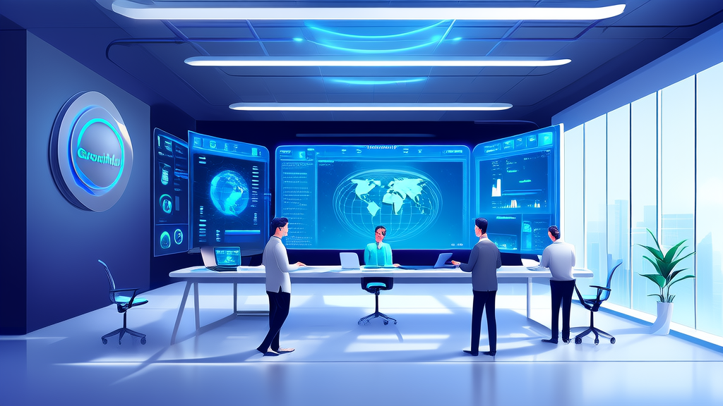 AI Customer Service Innovation Center: Employees monitor global client inquiries via a large screen, showcasing the Grouphug app logo