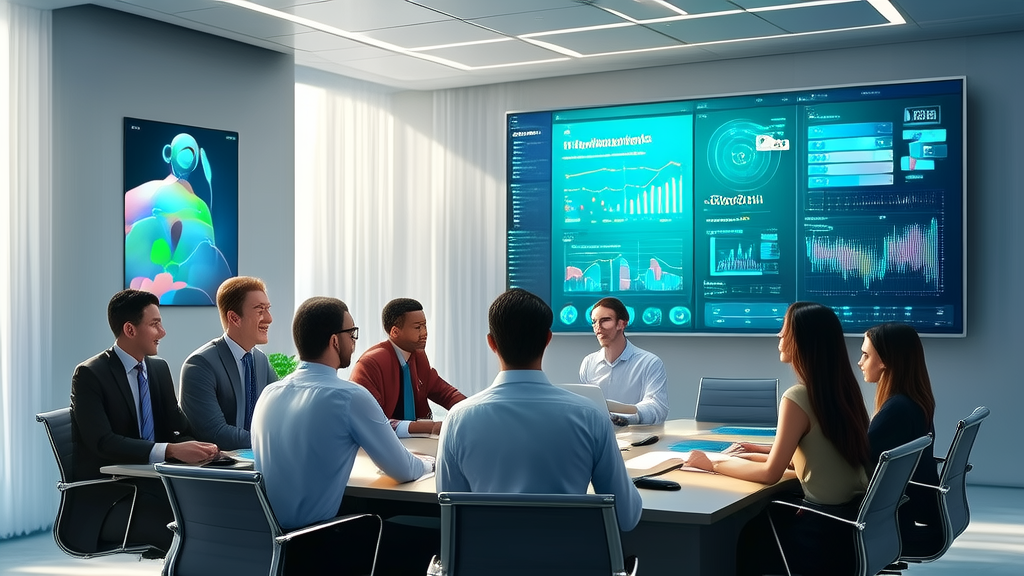 Tech professionals in a modern office discussing AI customer service innovations, utilizing LinkedIn client data and Grouphug application for real-time analysis.