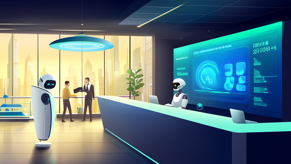 AI customer service system in a futuristic office building processes client needs in real-time, showcasing the customer service revolution amidst the 2024 MaaS market growth.