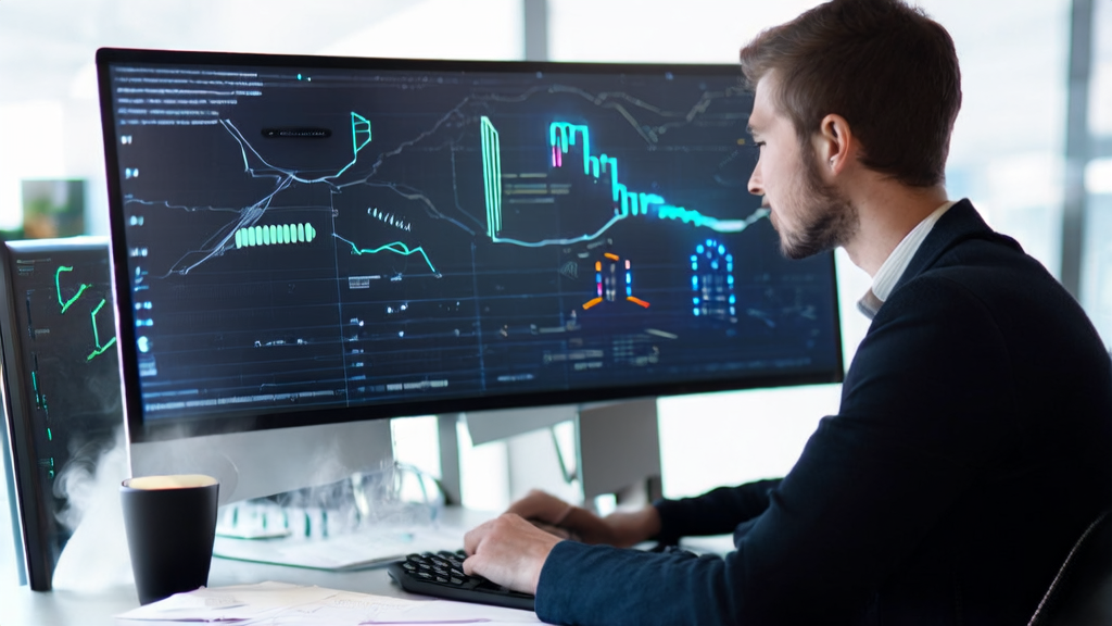 办公室内，员工使用AI客服系统和LinkedIn获取客户，墙上挂着Gemini API的架构图