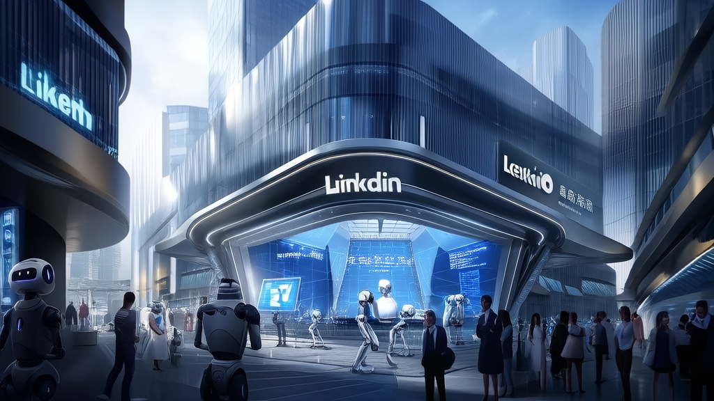 未来城市的现代化办公楼前，AI客服系统高效运作，LinkedIn客户标志醒目，展示2024年MaaS市场的新机遇。