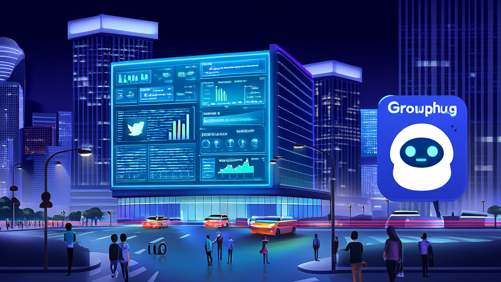 A futuristic cityscape showcasing how AI customer service uses Twitter data analysis to understand customer feedback and introduces the innovative Grouphug app that transforms social media interactions.